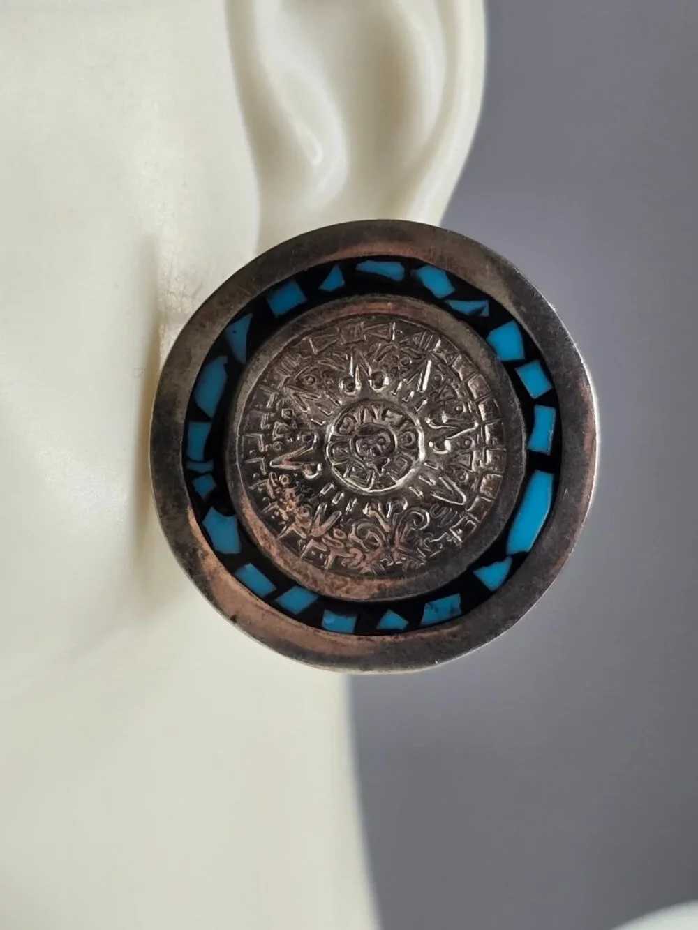 Womens Vintage Sterling Silver Mayan Aztec Stud Earrings 20.3g E5595